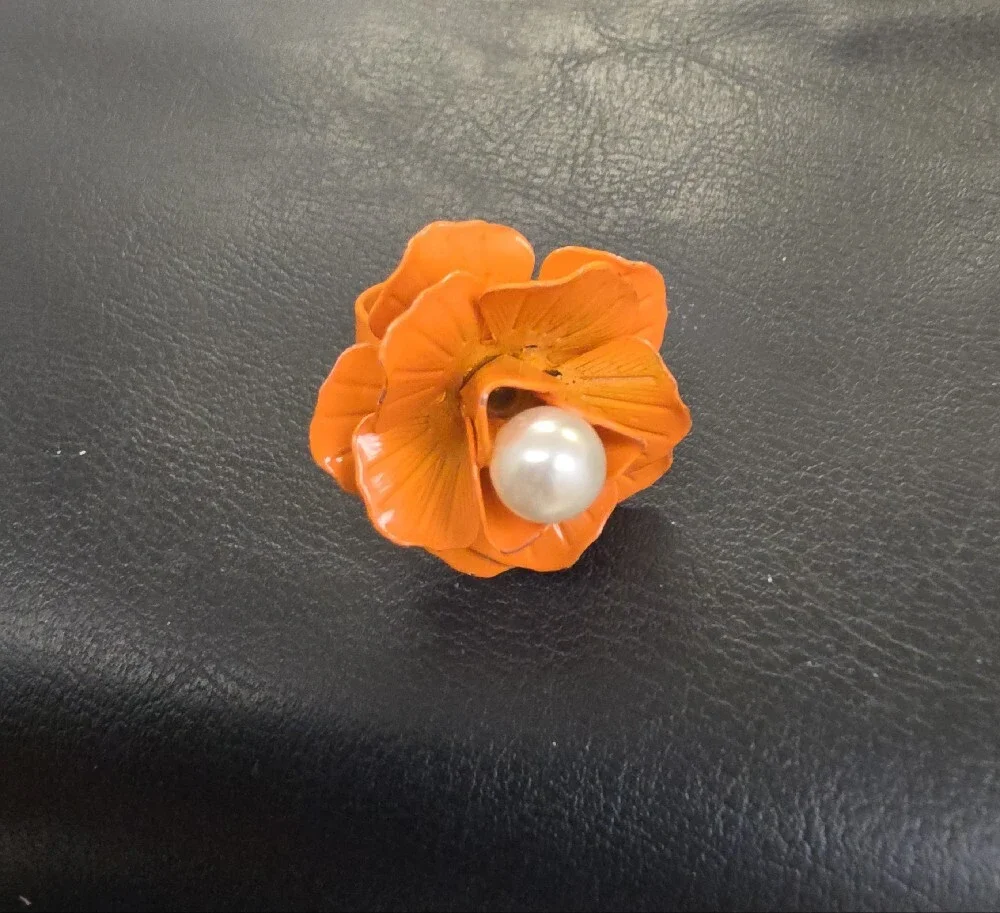 Orange Floral Pearl Center Cocktail Ring - Women Jewelry
